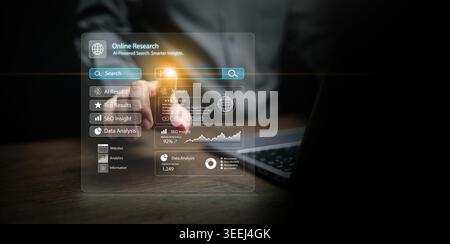 Businessman with laptop using AI powered online research interface with search bar, SEO insight, data analysis, and top results. Digital marketing, sm Stock Photo