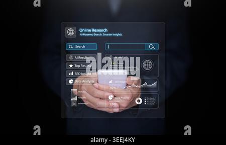 Businessman using a smartphone with AI online research dashboard, search bar, SEO insight, and data analysis. Smart search, digital marketing, busines Stock Photo