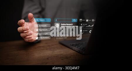 A man with a laptop using AI powered search interface with online research results, SEO insight, and data analysis. Smart web search, digital marketin Stock Photo