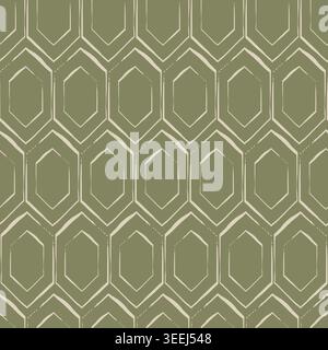 Sage green and cream white seamless geometric hand drawn vector pattern background with concentric organic hexagon shapes. Tonal and textured Kilim Stock Vector