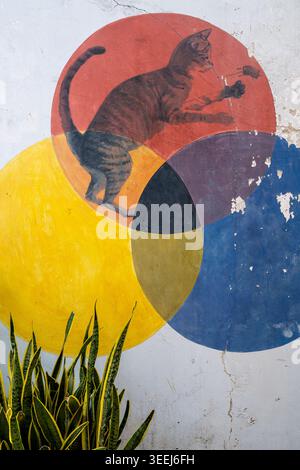 Modern graphic art mural on a wall featuring a tabby cat illustration overlaid with bold red and blue circular patterns, George Town, Penang, Malaysia Stock Photo