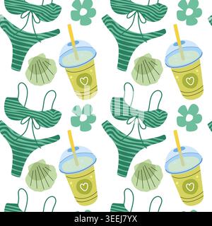 Seamless pattern with green bikini cocktail shell and flowers for beach holiday Stock Vector