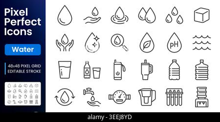 Water, hydration, line icons set. Smart bottle, reusable tumbler, filtration system, pH test, eco drops flat minimal vector illustrations. Simple Stock Vector