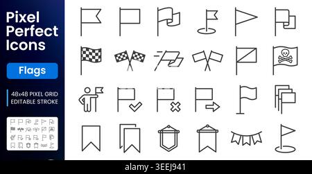 Flag, navigation line icons set. Racing flags, goal achievement, pirate skull crossbones, destination flat minimal vector illustrations. Simple Stock Vector