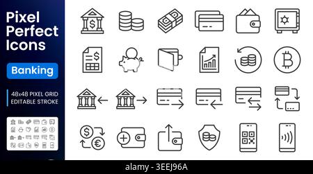 Banking, fintech line icons set. Mobile payment, NFC, cryptocurrency, QR code, cash bill, bank transfer flat minimal vector illustrations. Simple Stock Vector
