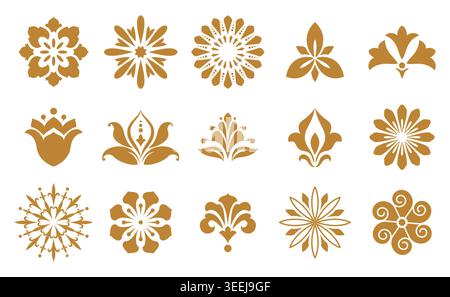 Vector floral set. Spring or summer design for invitation, wedding or greeting cards. Design elements in graphic style. White and gold ornament Stock Vector
