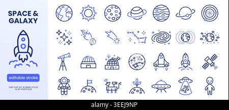 Astronomy line icon set. Space planet, Earth, moon, sun, galaxy, rocket astronaut, alien minimal vector illustrations. Simple outline signs for cosmos Stock Vector