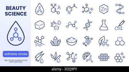 Skincare ingredient line icon set. Molecule, vitamin, serum, collagen, crystal minimal vector illustrations. Simple outline signs for cosmetic and Stock Vector