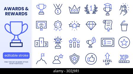 Award and recognition line icon set. Trophy, medal, crown, certificate, podium minimal vector illustrations. Simple outline signs for success and Stock Vector