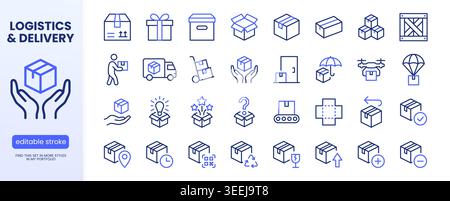 Boxes line icon set. Package, delivery, warehouse, truck, freight location tracking minimal vector illustrations. Simple outline signs for logistics Stock Vector