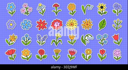 Flower line icon set, naive doodle thin linear art. Collection of hand drawn field blossoms stickers - rose, tulip, sunflower, daisy, poppy. Simple Stock Vector