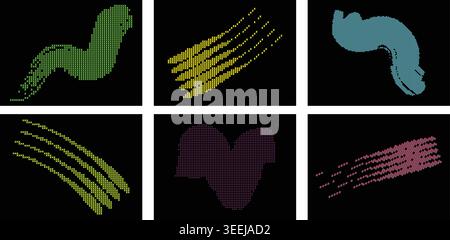 Collection of colorful pixel art designs on black background Stock Vector