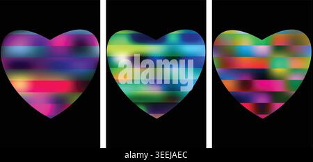 Vibrant heart shapes with colorful horizontal stripes on black background Stock Vector