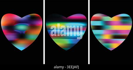 Vibrant heart shapes with colorful gradient patterns on black background Stock Vector
