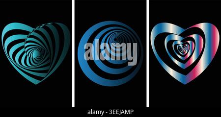 Vibrant heart shaped spiral designs on black background Stock Vector