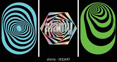 Vibrant spiral patterns on black background with colorful shapes and swirling designs Stock Vector