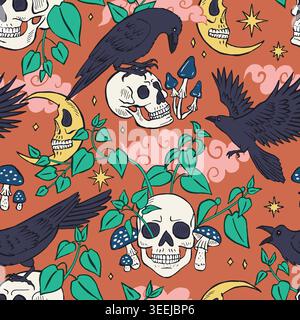 Maximalist whimsical gothic seamless pattern with hand drawn ravens or crows sitting on skull. Celestial Skeleton heads in night forest foliage Stock Vector