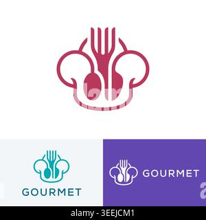 Line logo design for restaurants and cafes. Chef hat icon with fork, spoon, knife. Stock Vector