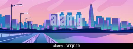 Seoul City skyline bridge sunset modern buildings street lights vibrant pastel colors futuristic urban landscape banner Stock Vector
