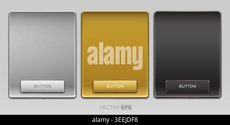 Modern UI elements template with three sleek panels and call-to-action buttons in silver, gold, and dark gray. Vector illustration. Stock Vector