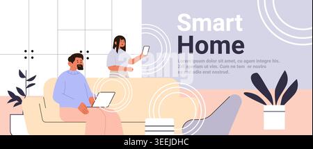 Smart home technology people using devices modern living room wireless connection plants pastel colors web banner Stock Vector