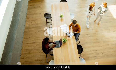 Two people sit at a long wooden table using laptops while two others walk nearby in an office. There are plants on the table and natural light comes f Stock Photo