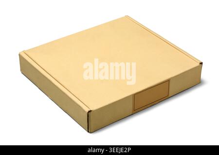 closed blank brown cardboard mailer box isolated white background, mock-up template with blank label, angle view Stock Photo