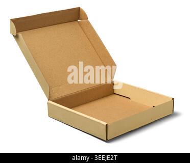 empty open shallow brown cardboard box isolated white background, blank mock-up template in side view Stock Photo