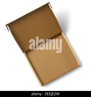 top view of empty open cardboard box isolated white background, corrugated paper material with matte finish Stock Photo