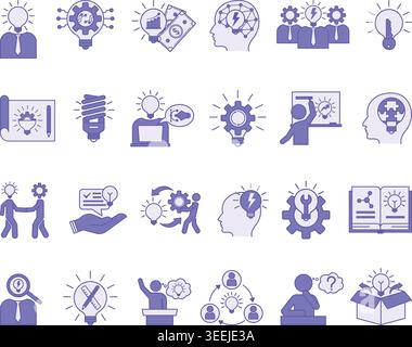 Purple Idea Icon Set. Vector Icons: Brainstorming, Key Idea, Idea Generation, Thinking, Innovation, Business Idea, Creative Idea, Invention, and More Stock Vector