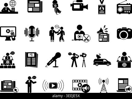 Black Journalism Icon Set. Vector Icons News, Microphone, Interview, Newspaper, Editor, Journalist, Radio, Correspondent, Media, Camera, and More Stock Vector