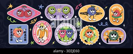 Groovy retro labels with fruit characters in trendy style. Cartoon cute summer sticker set, funky comic doodle orange, banana, cherry, berries with expressive faces. Emblem collection of healthy food Stock Vector