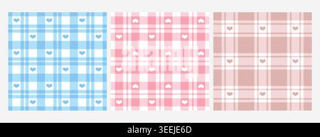 Vichy check seamless pattern, plaid square backgrounds with cute hearts in pastel color. Gingham checkered geometric texture for fabric design, tablecloth textile print, picnic blanket, valentine s day Stock Vector