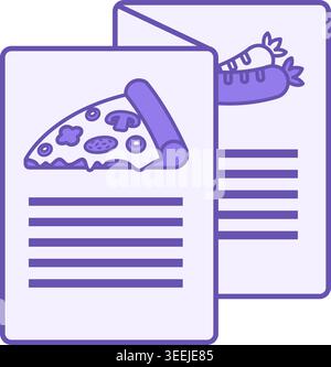 Colored Menu Icon. Vector Icon. List of Different Dishes and Drinks in Cafe. Pizza and Sausages. Restaurant Concept Stock Vector