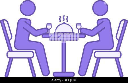 Dinner Icon Color. Vector Icon. Two People Eating Hot Dish and Drinking Wine. People Sitting at Table in Diner. Restaurant Concept Stock Vector