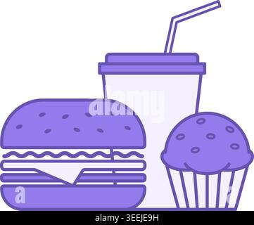 Fast Food Color Icon. Vector Icon. Junk Food. Hamburger, Cupcake, and Soda with Straw. Restaurant Concept Stock Vector