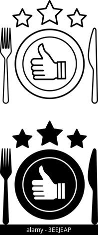 Review Icons. Black and White Vector Icons. Establishment Rating. Fork, Knife, Plate, and Three Stars. Thumbs Up, Like. Restaurant Concept Stock Vector
