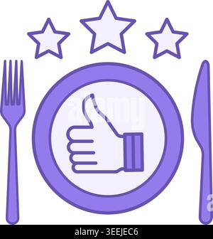 Colored Review Icon. Vector Icon. Establishment Rating. Fork, Knife, Plate, and Three Stars. Thumbs Up, Like. Restaurant Concept Stock Vector