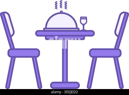 Table and Chairs Color Icon. Vector Icon. Ready Hot Dish and Glass of Wine on the Table. Furniture. Dinner in a Catering Establishment. Restaurant Con Stock Vector