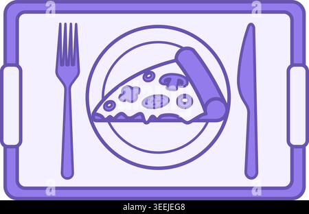 Colored Cafeteria Icon. Vector Drawing. Tray with Food and Cutlery. Pizza, Fork, Knife, and Plate. Restaurant Concept Stock Vector