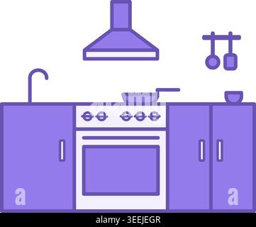 Kitchen Color Icon. Vector Icon. Modern Kitchen. Stove with Oven, Cabinets, and Hood. Frying Pan, Water Tap, and Kitchen Utensils. Restaurant Concept Stock Vector