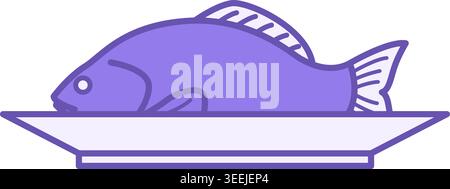 Colored Fish Icon. Vector Drawing. Fried Fish on Plate. Food, Ready Dish. Meal Concept Stock Vector