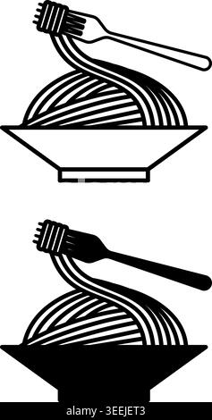 Pasta Icons. Black and White Vector Drawings. Italian Dish, Food. Cooked Macaroni on a Plate. Fork. Meal Concept Stock Vector