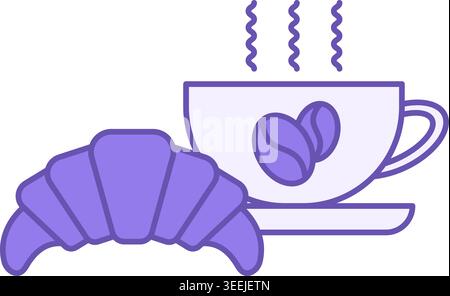 Colored Breakfast Icon. Vector Drawing. Cup of Hot Coffee and Fresh Croissant. Meal Concept Stock Vector
