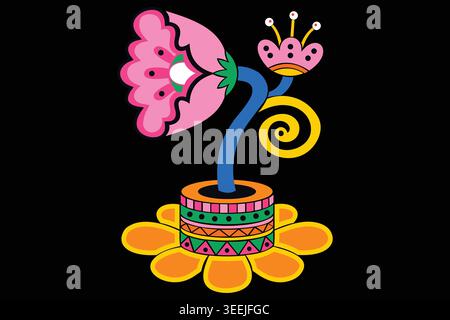 Vibrant cartoon flower with pink petals and colorful pot on black background Stock Vector