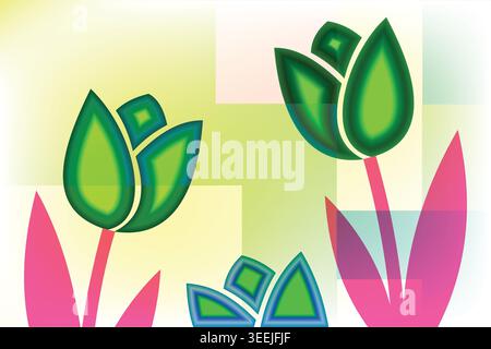 Vibrant illustration of colorful flowers with green leaves and pink stems on a multicolored background Stock Vector