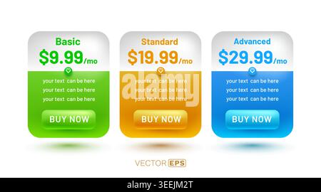 Modern pricing table set for web and app design. Three distinct subscription options for various services. Vector illustration Stock Vector