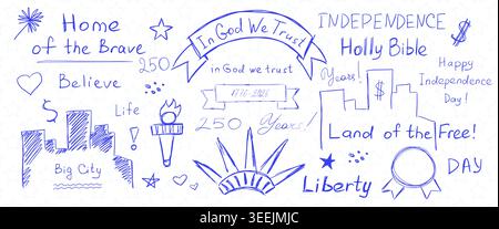 4th of july 250 years anniversary blue scribble hand drawn doodle quotes set. Symbols of American Independence day like torch and crown of Statue of L Stock Vector