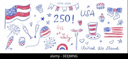 4th of july 250 years anniversary scribble hand drawn doodle set. Symbols of American Independence day like flag, fireworks, barbecue and stars. Unite Stock Vector