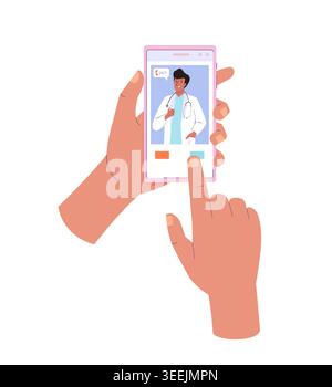Hands holding smartphone with doctor on screen. Male doctor in white coat and stethoscope. Online medical consultation service, tele medicine concept Stock Vector